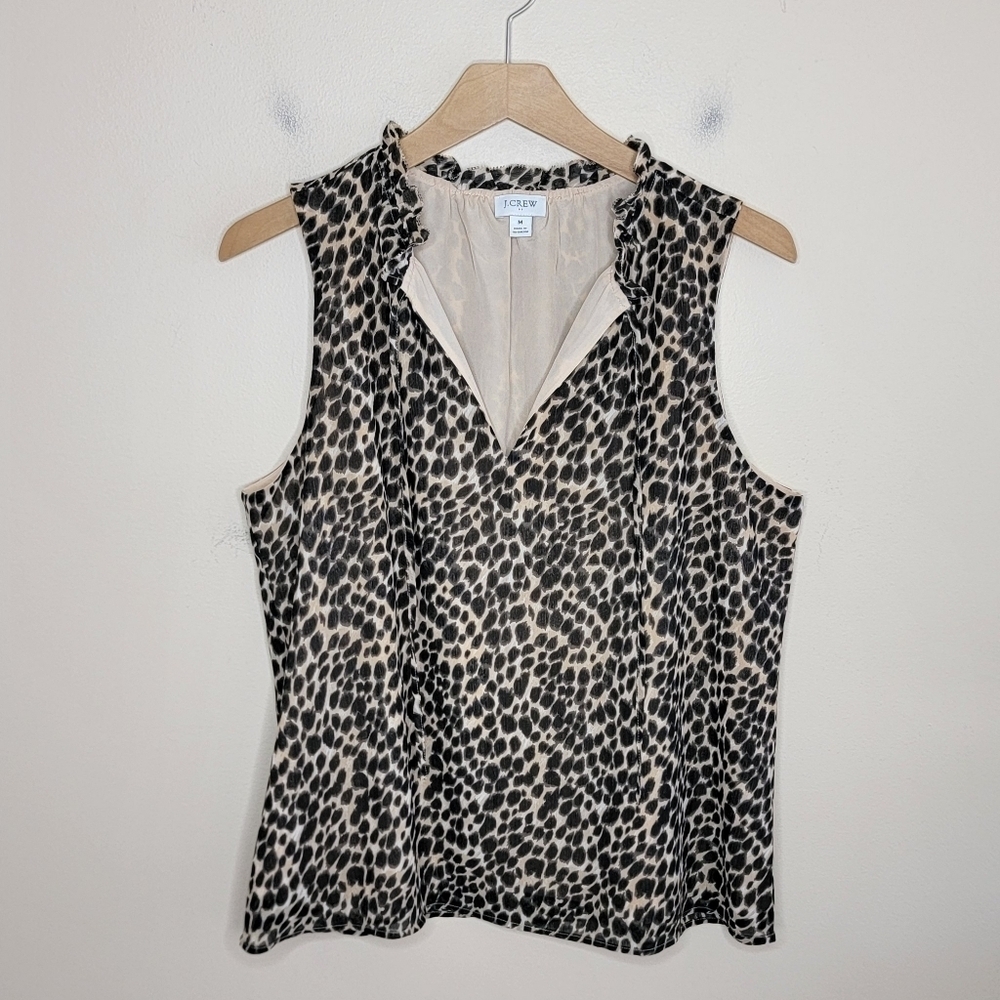 J. Crew Factory Leopard Sleeveless Tie Neck Blouse Ruffle Collar Size Medium